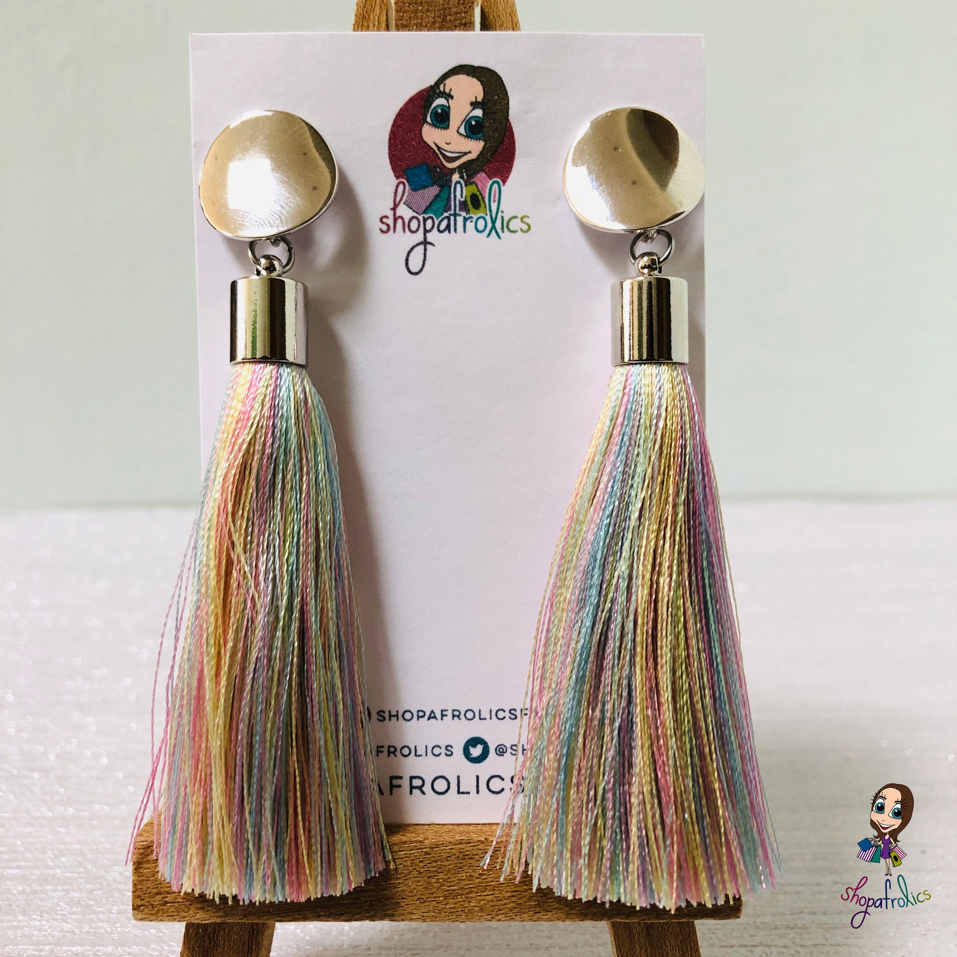 Pretty pastel coloured rainbow tassels are the centre-piece of these pretty earrings.