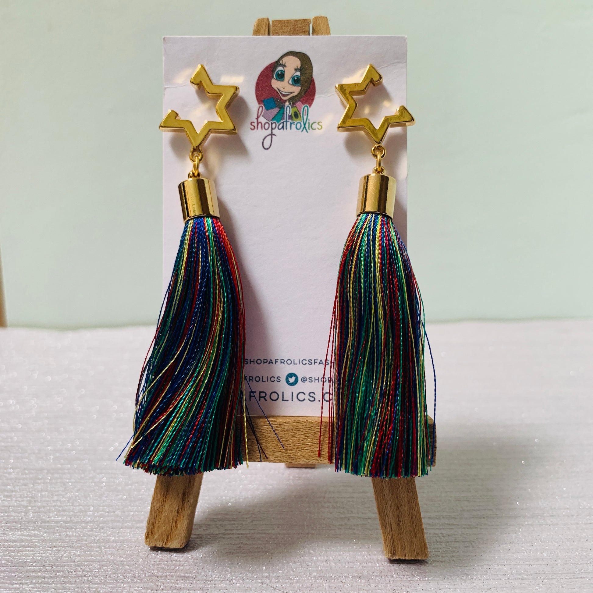 Long rainbow tassel earrings with gold star earrings 