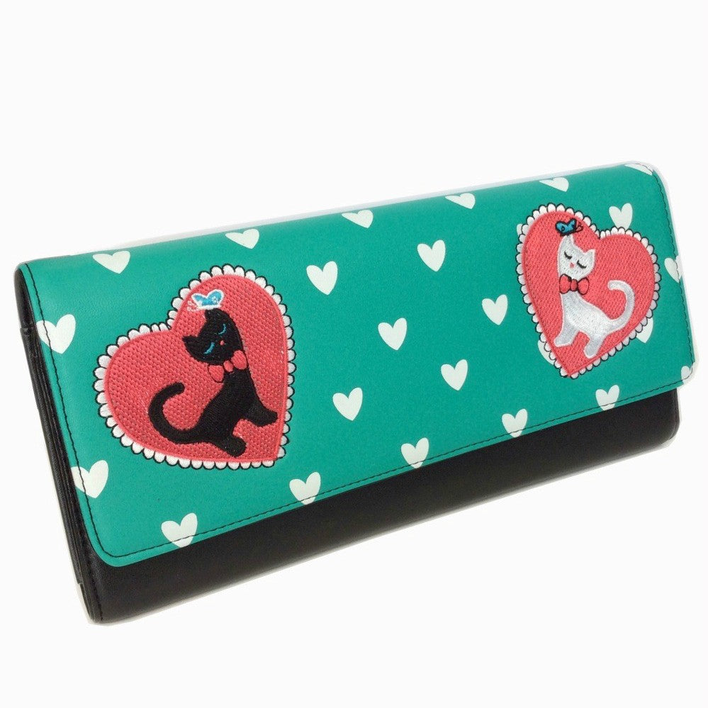 Pretty green clutch bag with cat motif and white heart detail