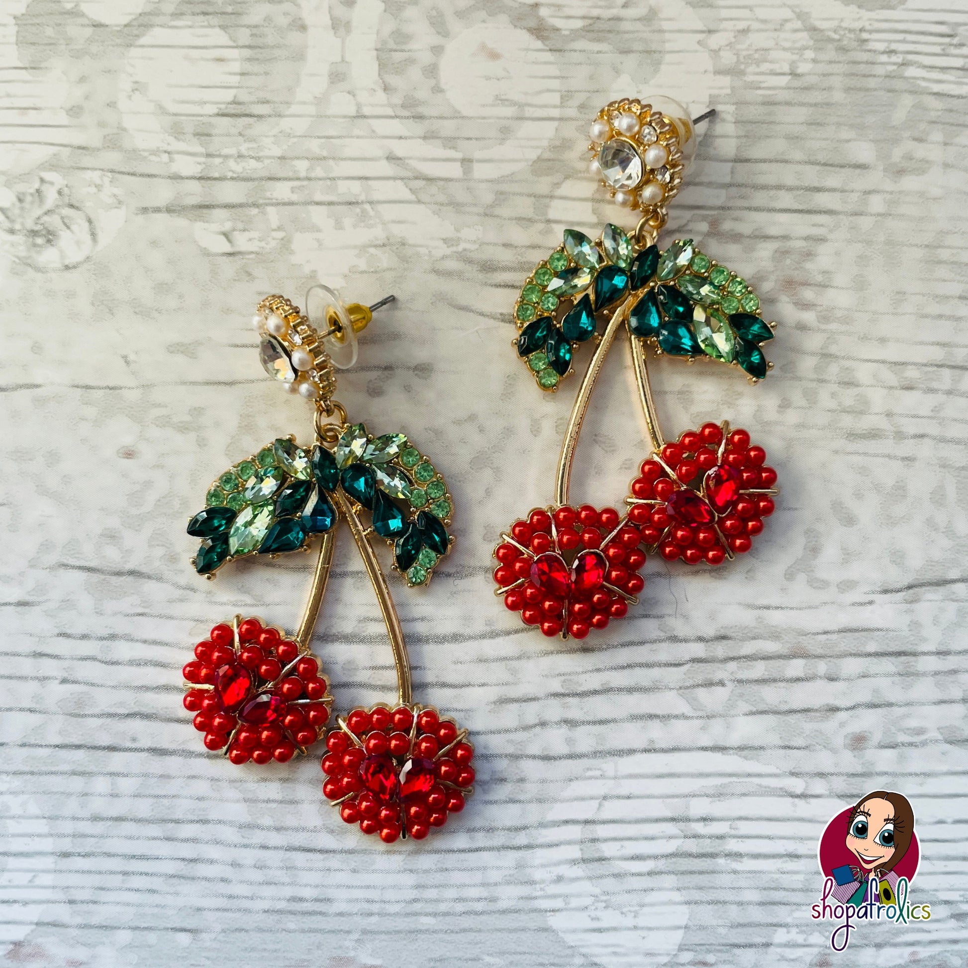 Crystal red cherries and green leaves earrings