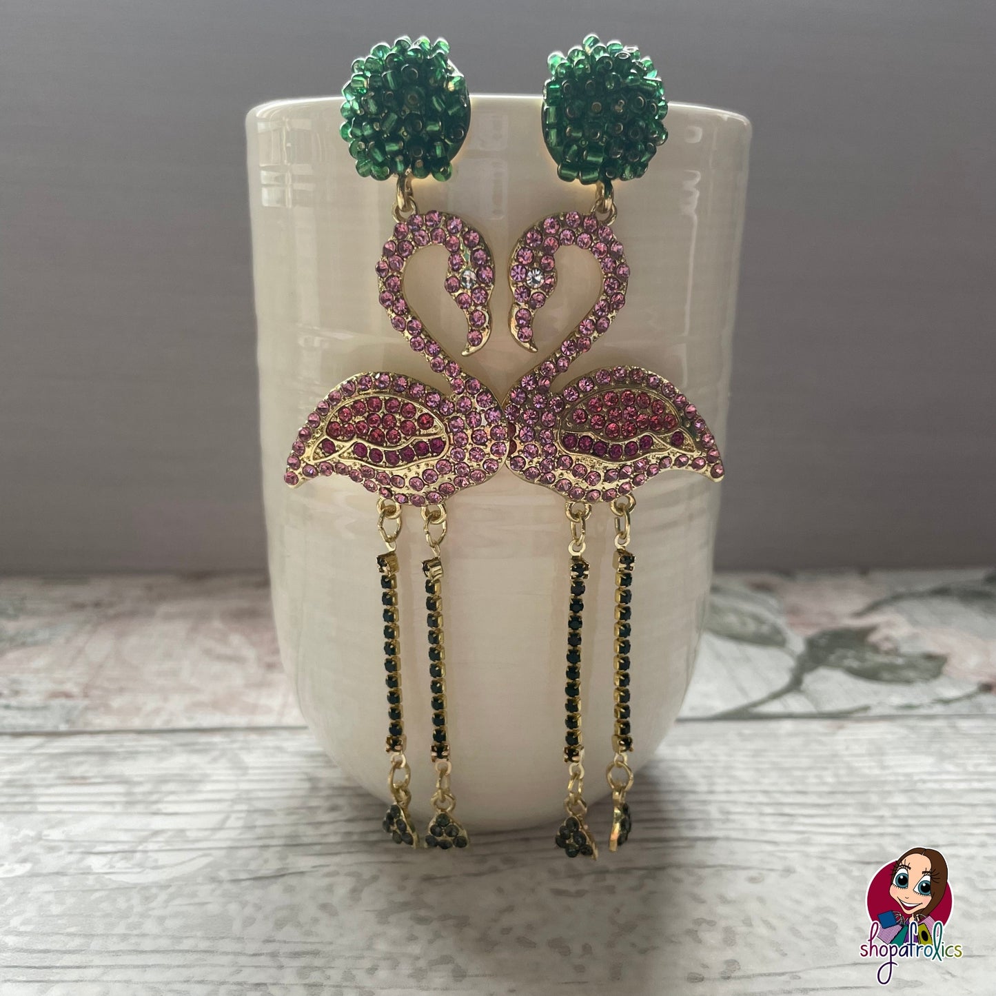 Large statement pink crystal flamingo earrings