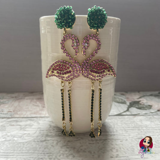 Large statement pink crystal flamingo earrings