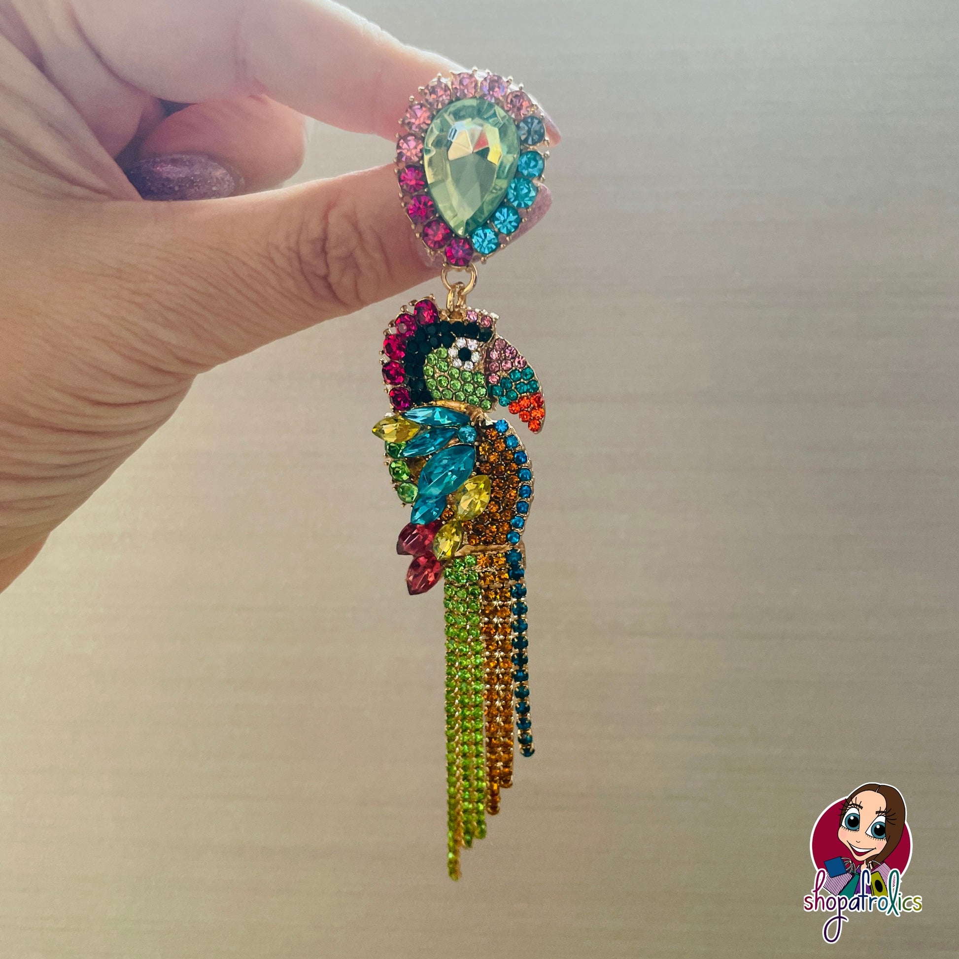 Statement parrot earrings with crystal in multicolour 