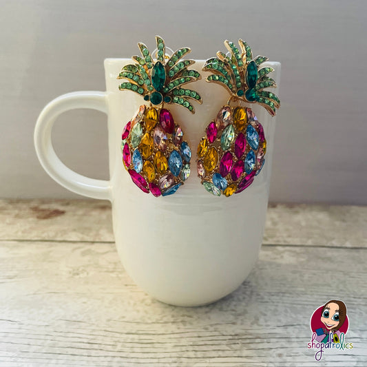 Multicolour large pineapple rhinestone earrings