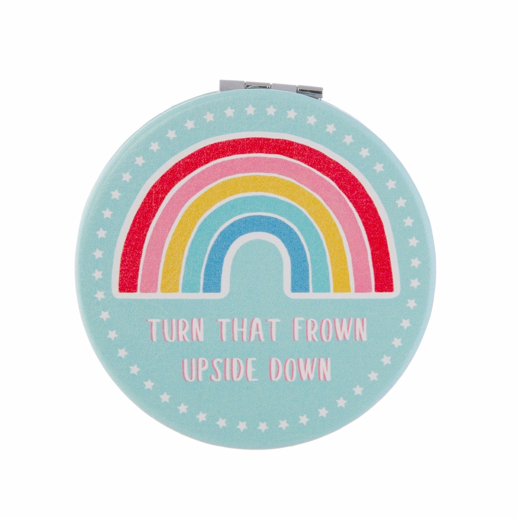 Rainbow compact mirror featuring the slogan Turn That Frown Upside Down