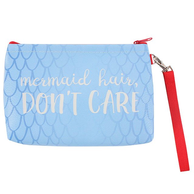 Blue make up bag with mermaid slogan: Mermaid hair, Don't care