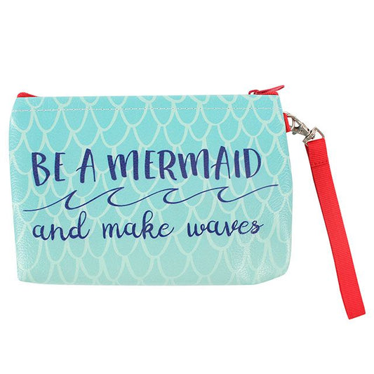 Green make up bag with mermaid slogan: Be a Mermaid and Make Waves.