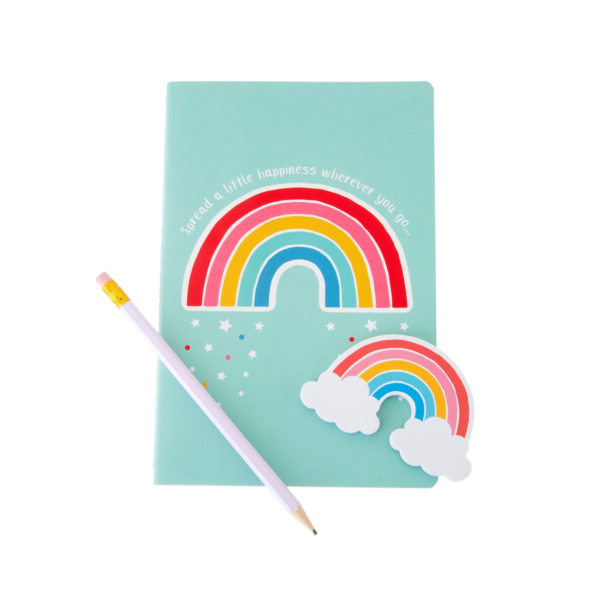 Rainbow notebook with slogan spread a little happiness wherever you go