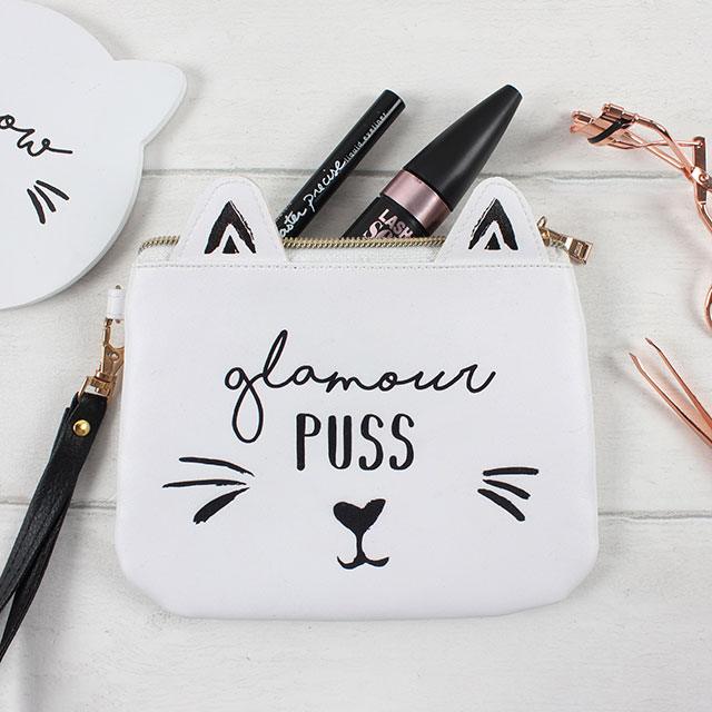 White cat make up pouch with phrase Glamour Puss