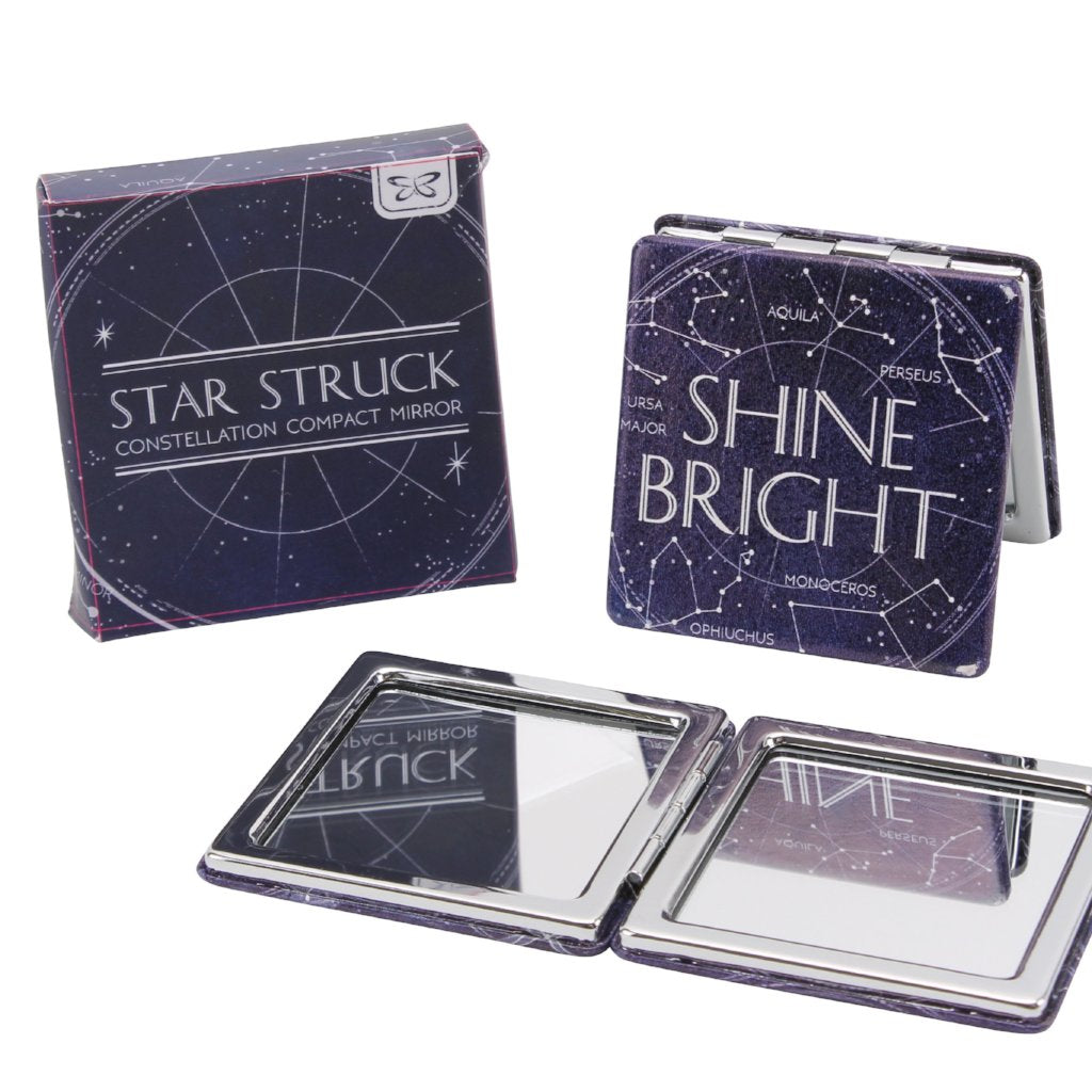 Square compact mirror with constellation star design and the slogan  Shine Bright