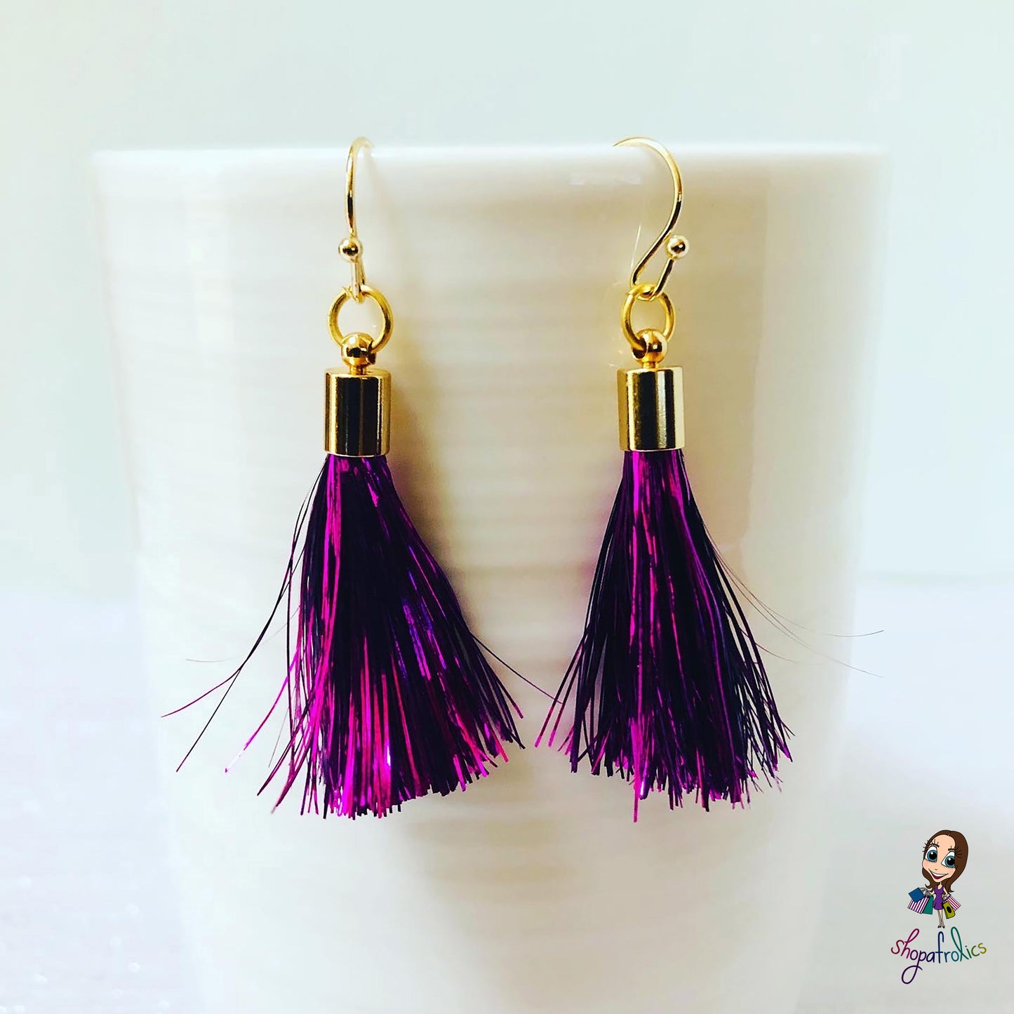 Cerise Pink Tinsel Tassel Drop Earrings