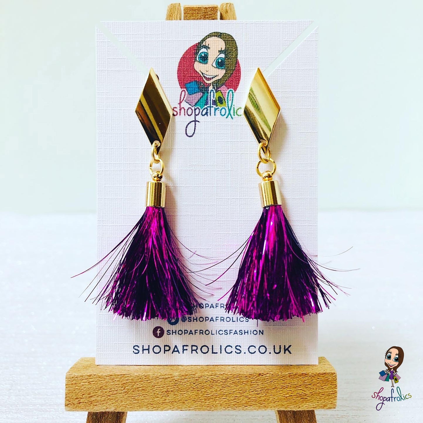 Handmade Pink Tinsel Tassel & Gold Rhombus Earrings