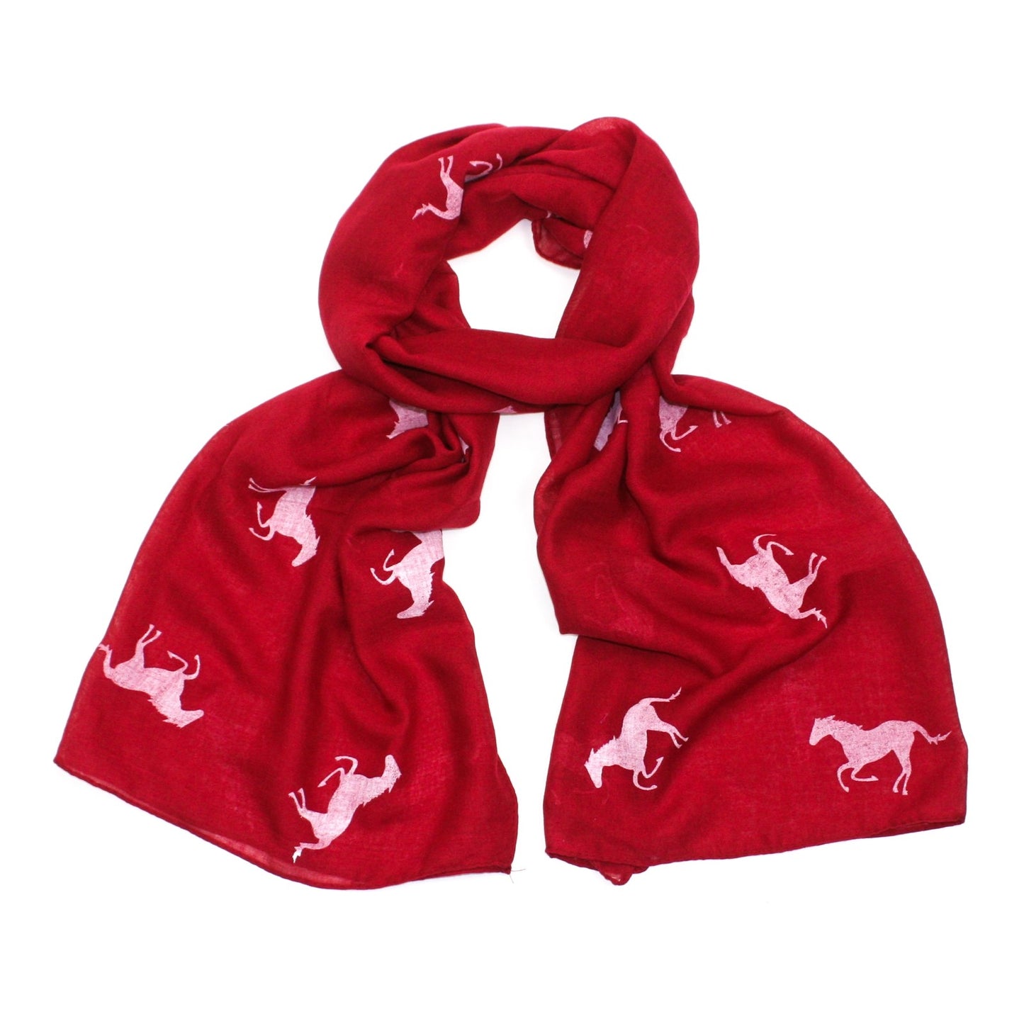 Red scarf with a galloping horse print and a rolled edge.
