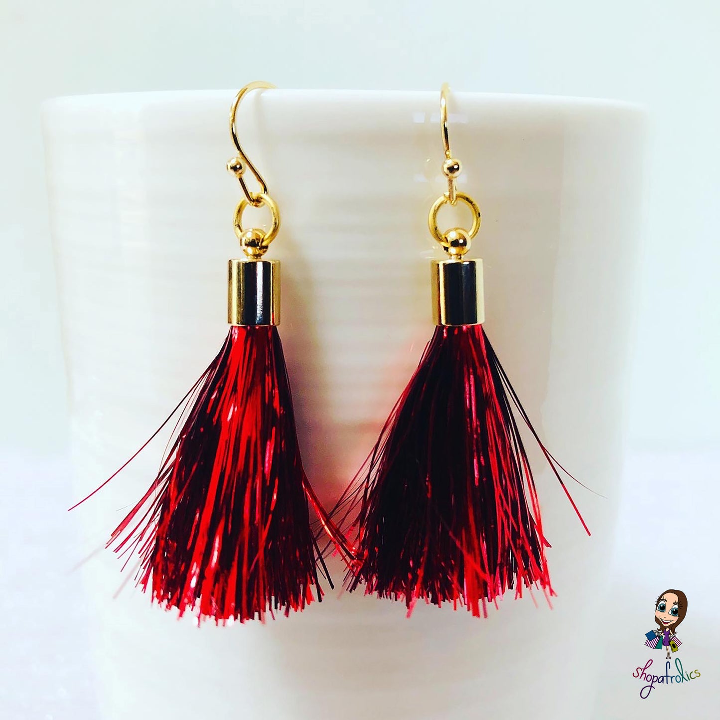 Red Tinsel Tassel Drop Earrings