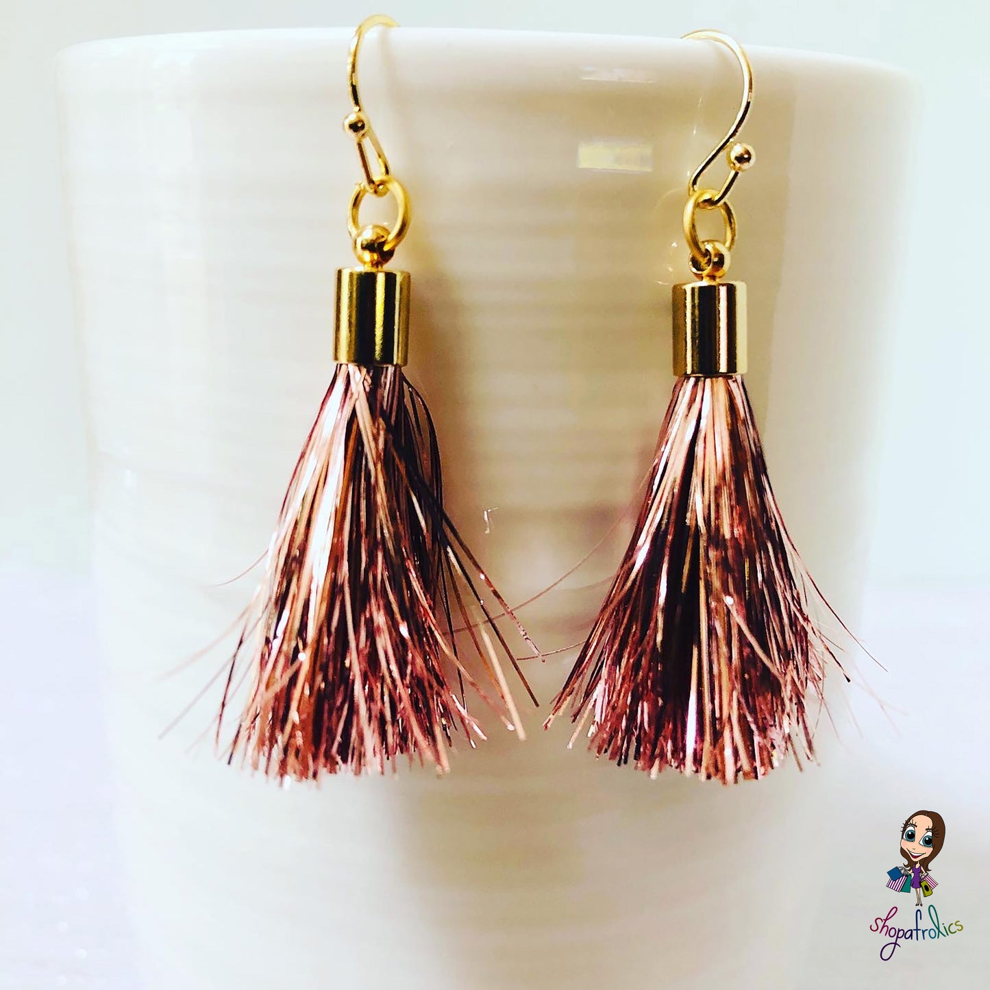 Rose Gold Tinsel Tassel Drop Earrings