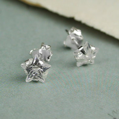 Sterling silver stud earrings with faceted crystal stars.  Choice of black, clear or purple.