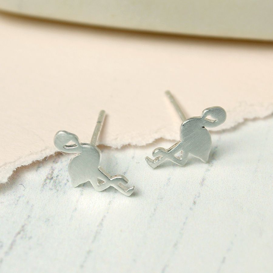 Sterling silver flamingo stud earrings with a brushed finish