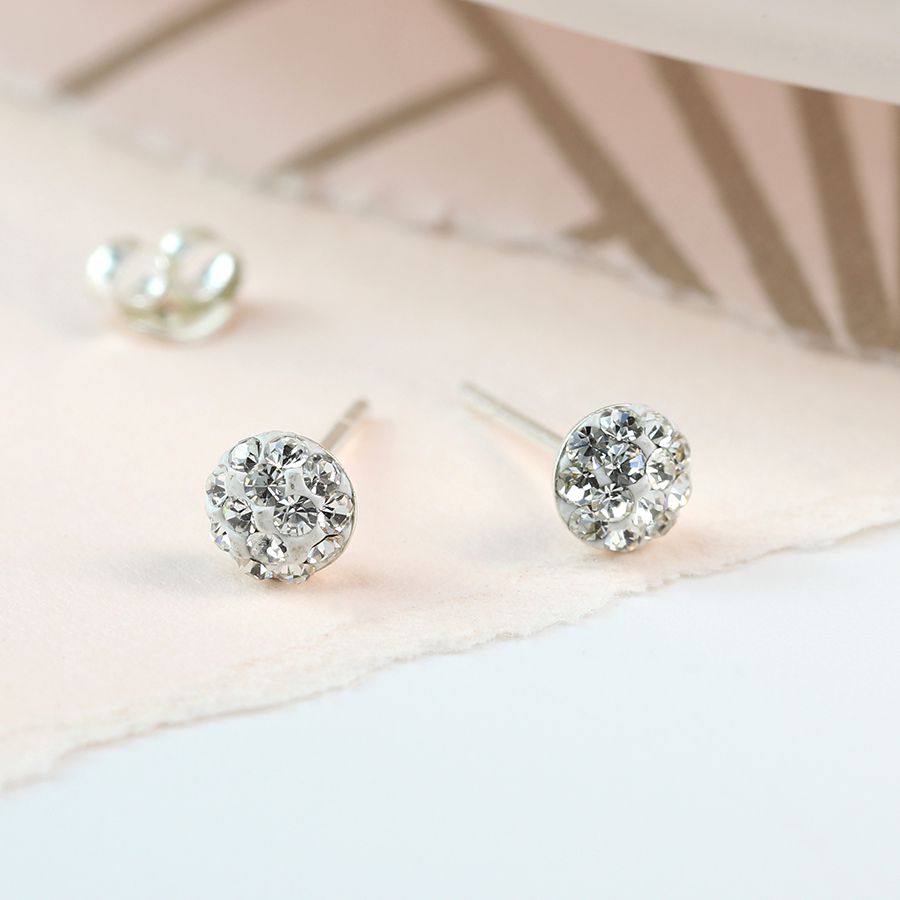 Clear round shamballa sterling silver stud earrings