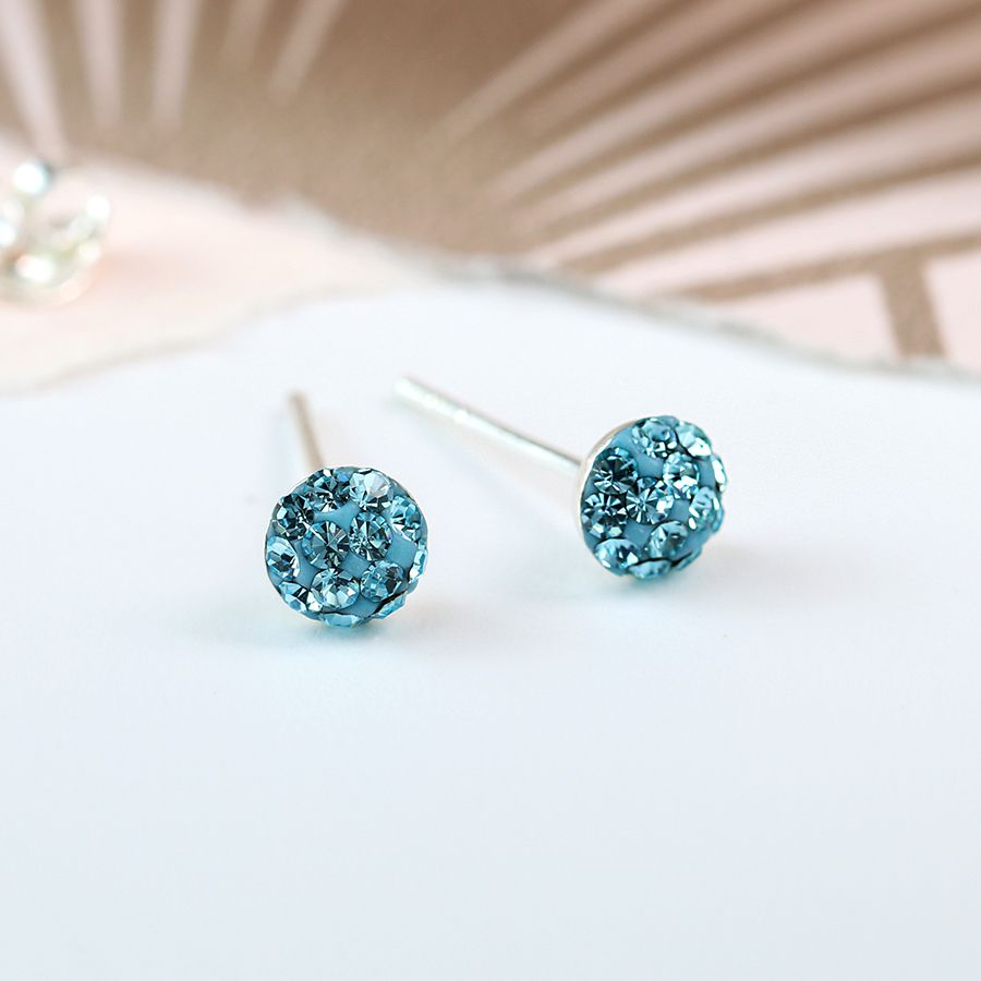 Aquamarine blue round shamballa sterling silver stud earrings