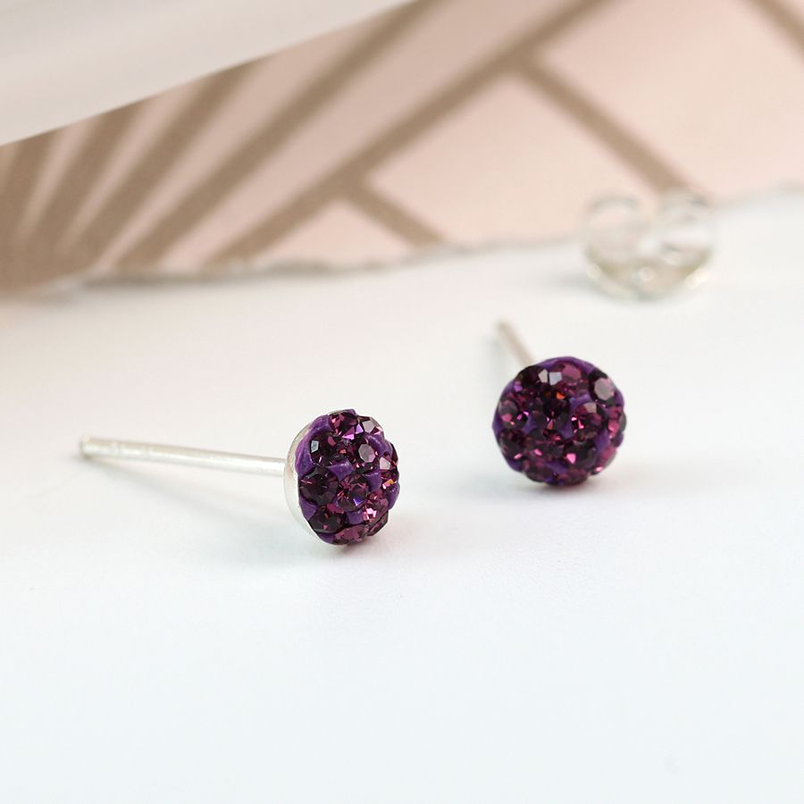 Purple round shamballa sterling silver stud earrings