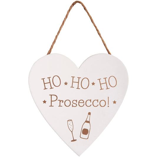 Wooden sign with gold prosecco motif and slogan: Ho Ho Ho Prosecco