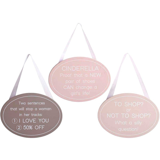Pretty wooden oval signs with choice of shopping phrases