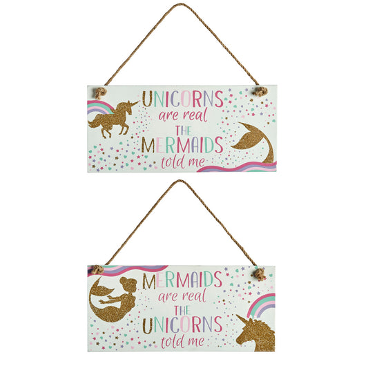 Wooden sign featuring gold glitter unicorn and mermaid and a rainbow font slogan: Unicorns are Real, The Mermaids Told Me  or Mermaids are Real, The Unicorns Told Me 