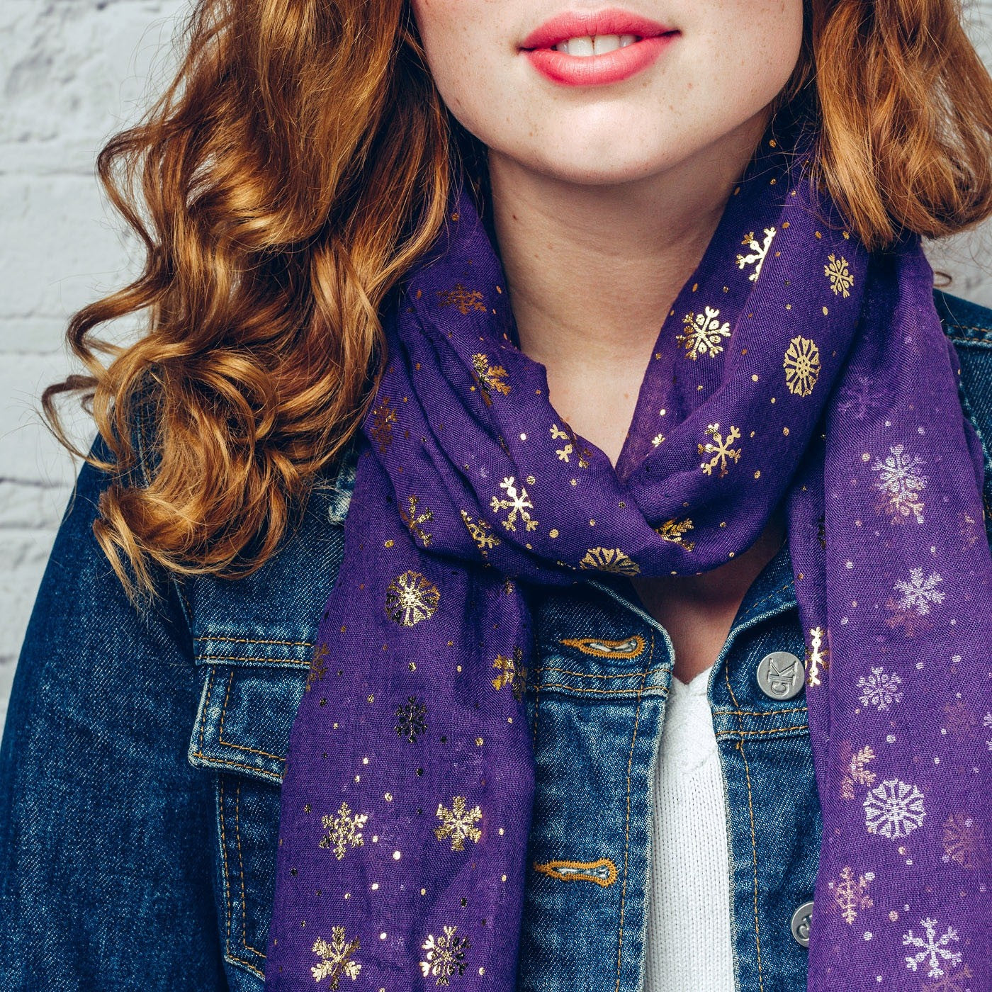 Gorgeous purple scarf with gold foil snowflake detail