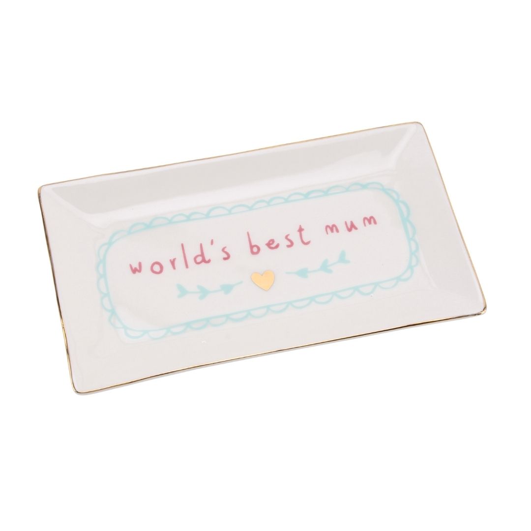 White rectangle trinket dish featuring slogan: World's Best Mum