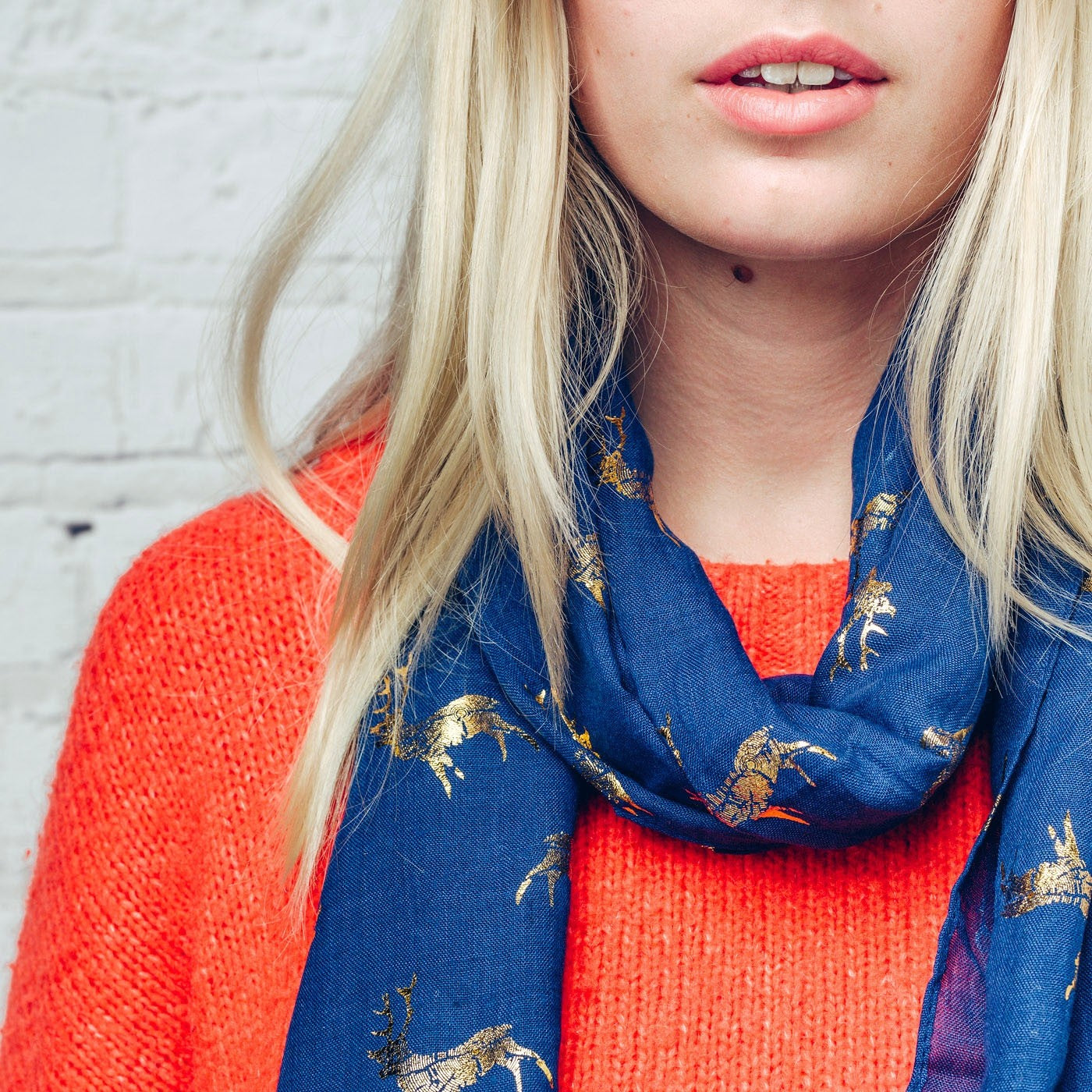 Gorgeous blue scarf with gold foil reindeer / stag detail