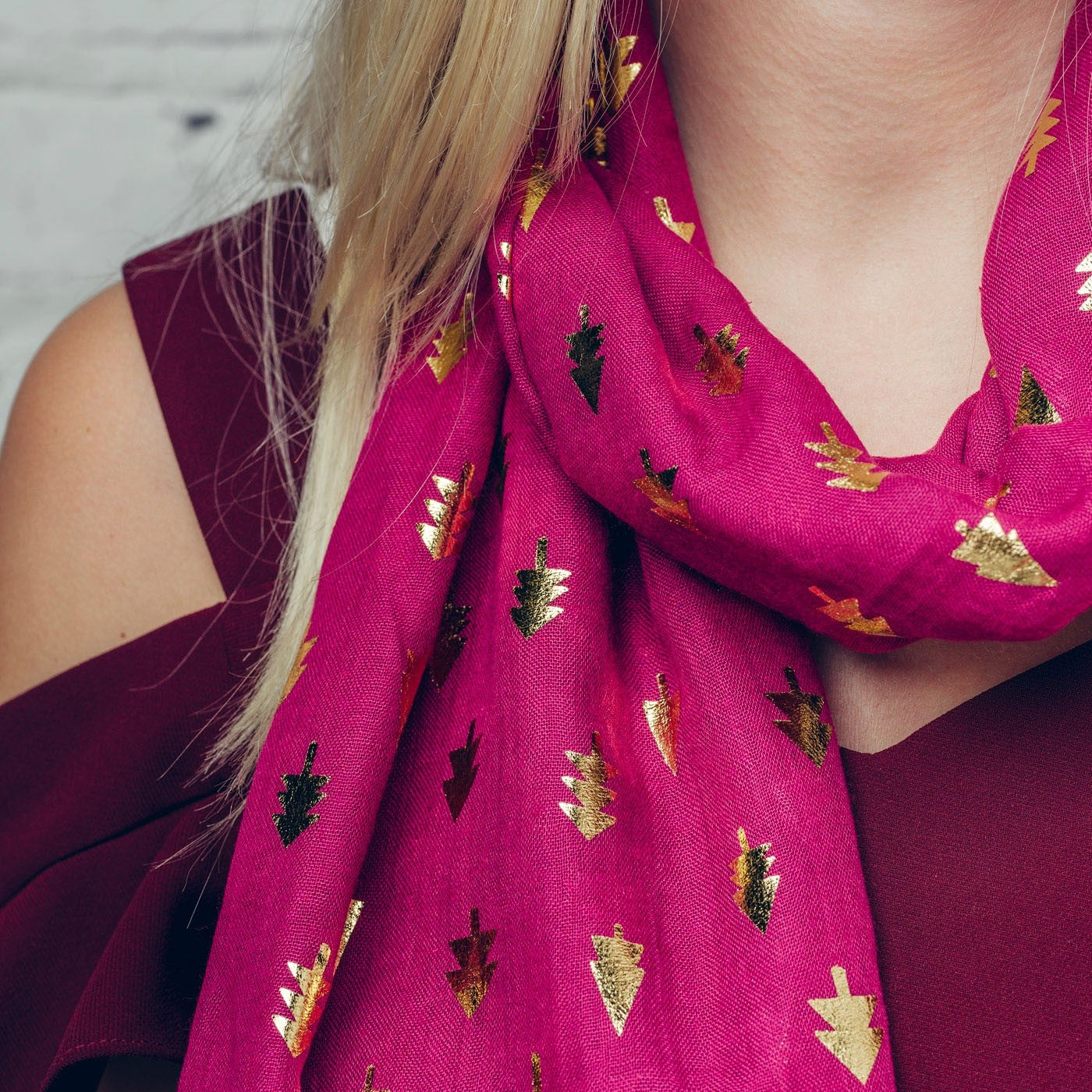 Gorgeous pink scarf with gold foil Christmas tree detail