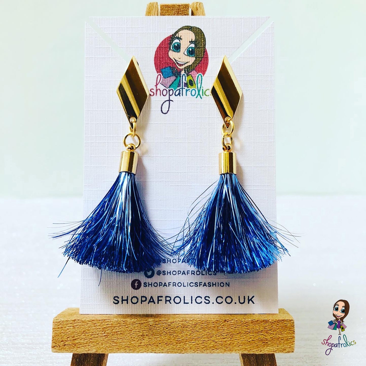 Handmade Blue Tinsel Tassel & Gold Rhombus Earrings