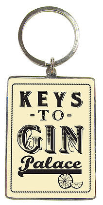 Metal keyring with a vintage look design and featuring the words Keys to Gin Palace