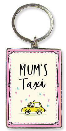 Metal keyring with a pink frame and a fun yellow cab design and featuring the words Mum's Taxi
