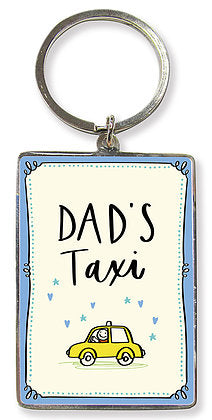 Metal keyring with a blue frame and a fun yellow cab design and featuring the words Dad's Taxi