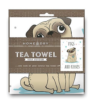 Pugs and Kisses Tea Towel in Packaging