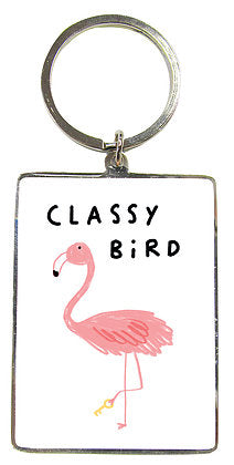 Metal keyring with a sassy pink flamingo design and featuring the words Classy Bird.