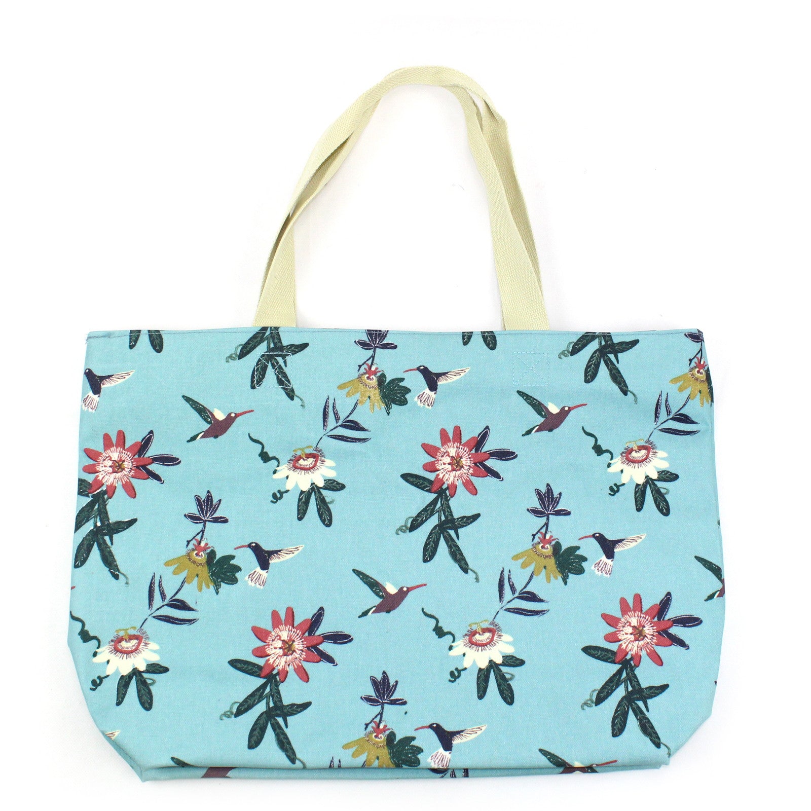 Large matt oil cloth bag with delicate passionflower and colourful hummingbird print