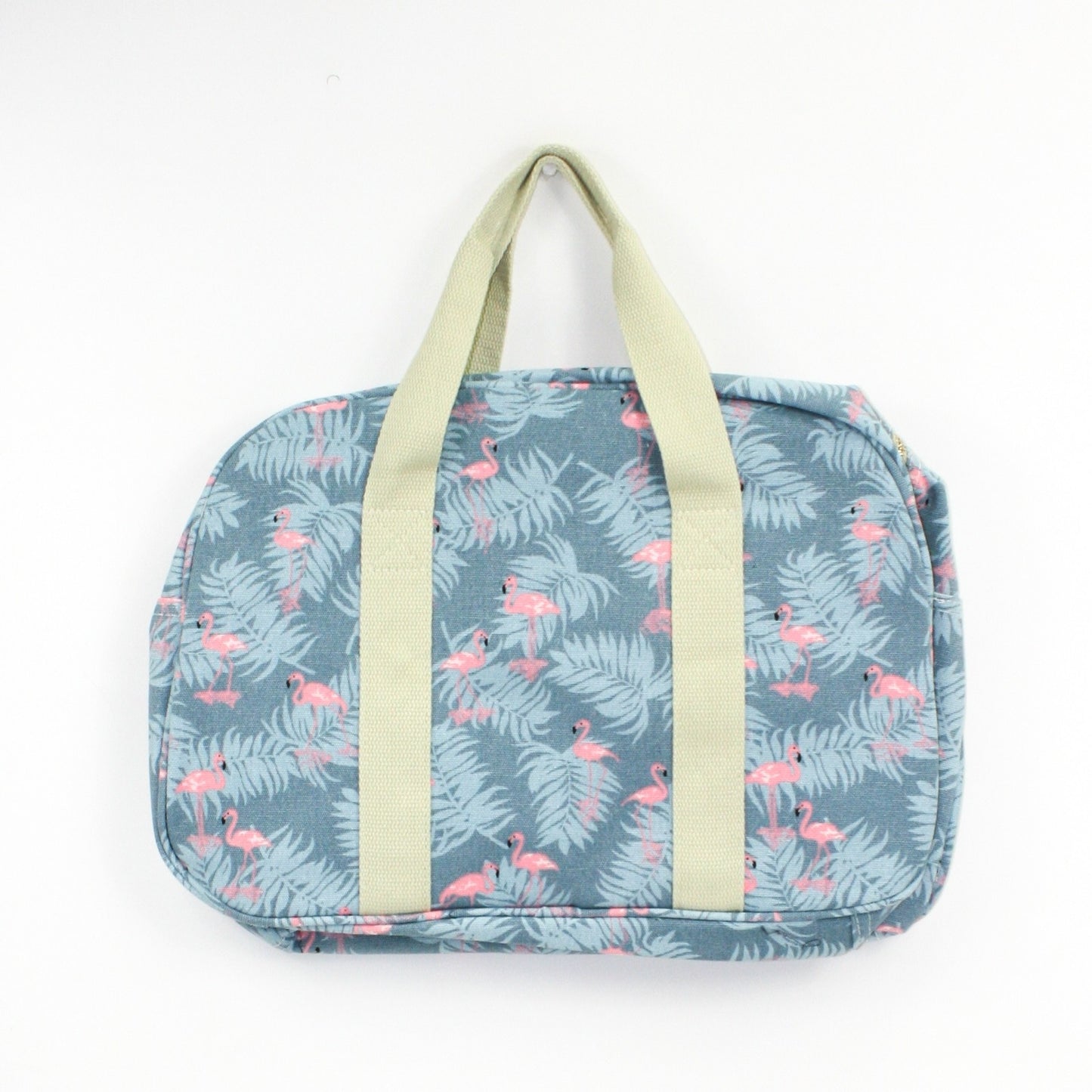 Tropical flamingo design print weekend bag on a solid blue coloured background.