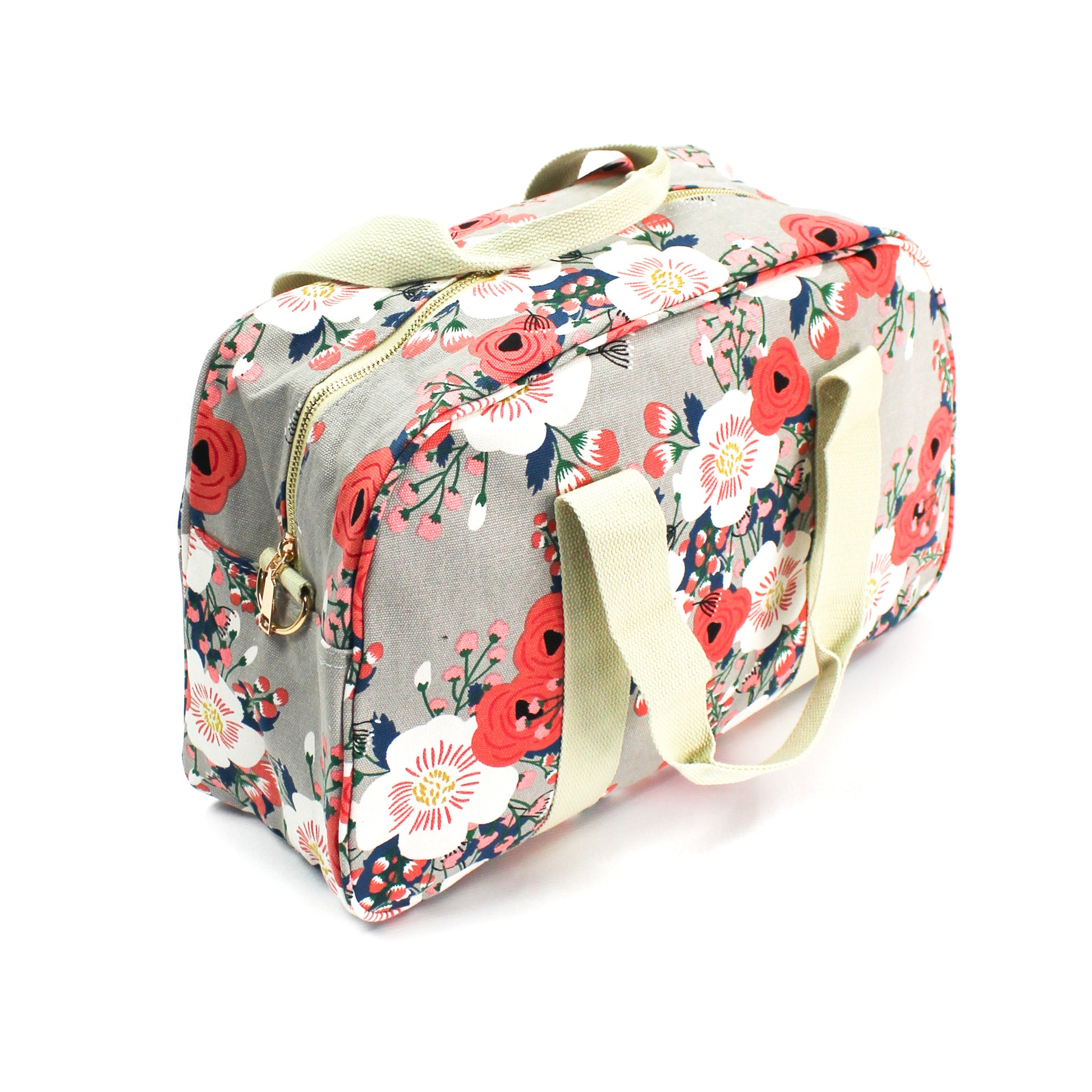 Gorgeous weekend bag with a large floral print featuring vintage rose and white flowers, on a solid grey coloured background