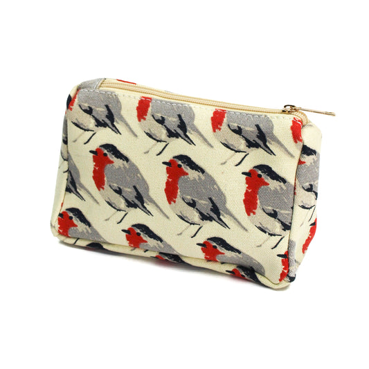 Cream make up bag with red robin print