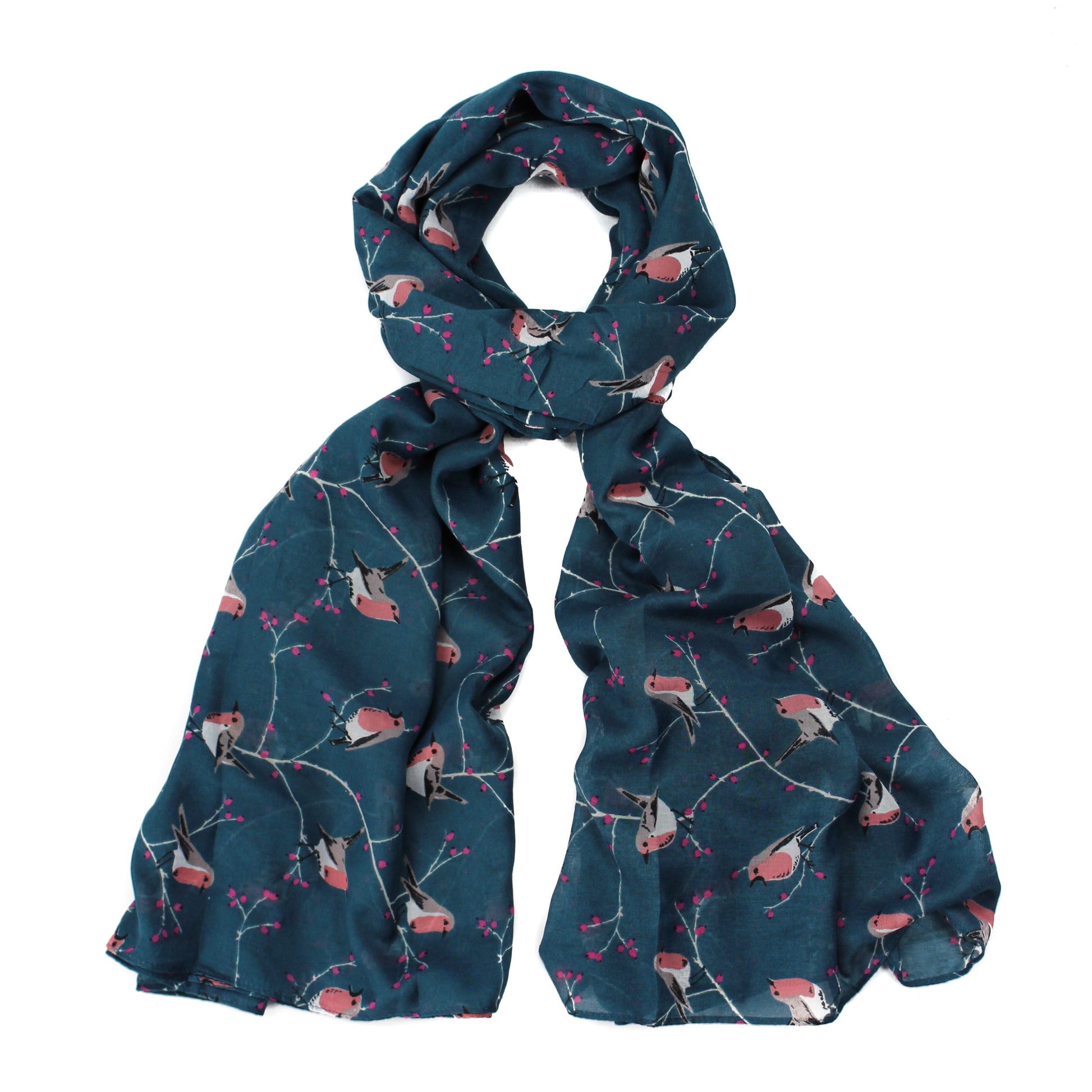 A beautiful winter robin print design scarf on a solid blue coloured background. 