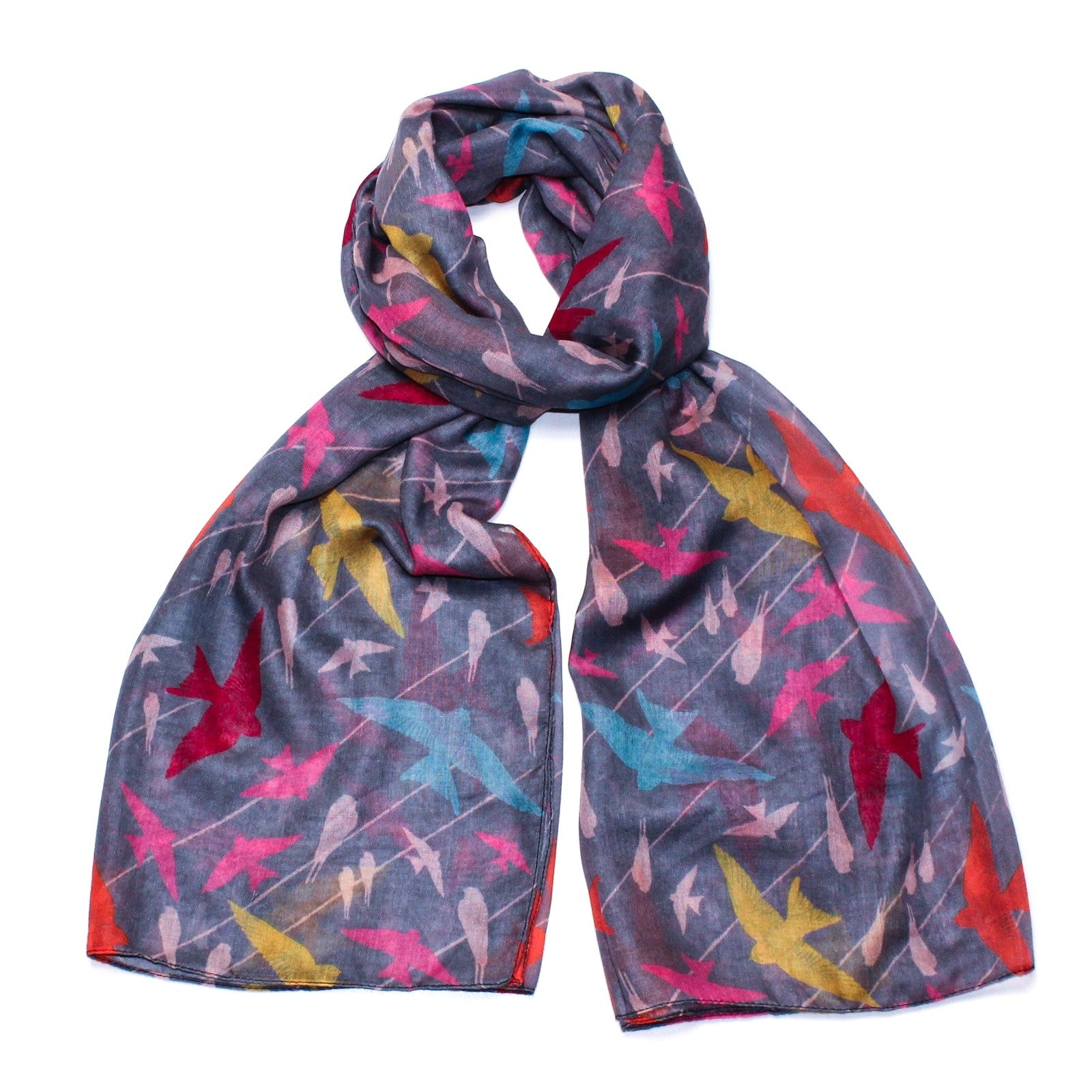 Gorgeous grey scarf covered in multi-colour birds in flight
