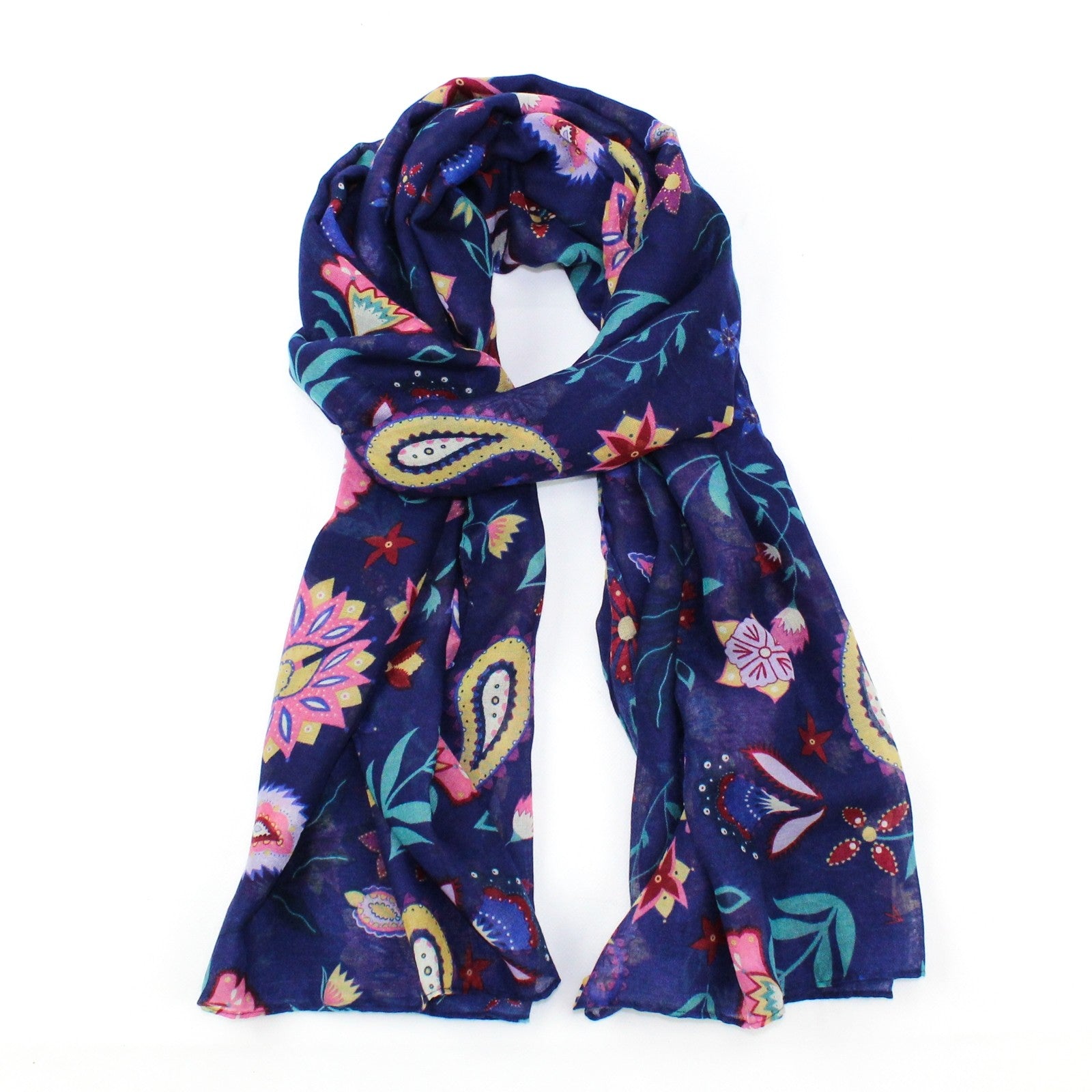 With it's unique boho style this pretty blue scarf with paisley and floral print is perfect for summer festivals and holidays.