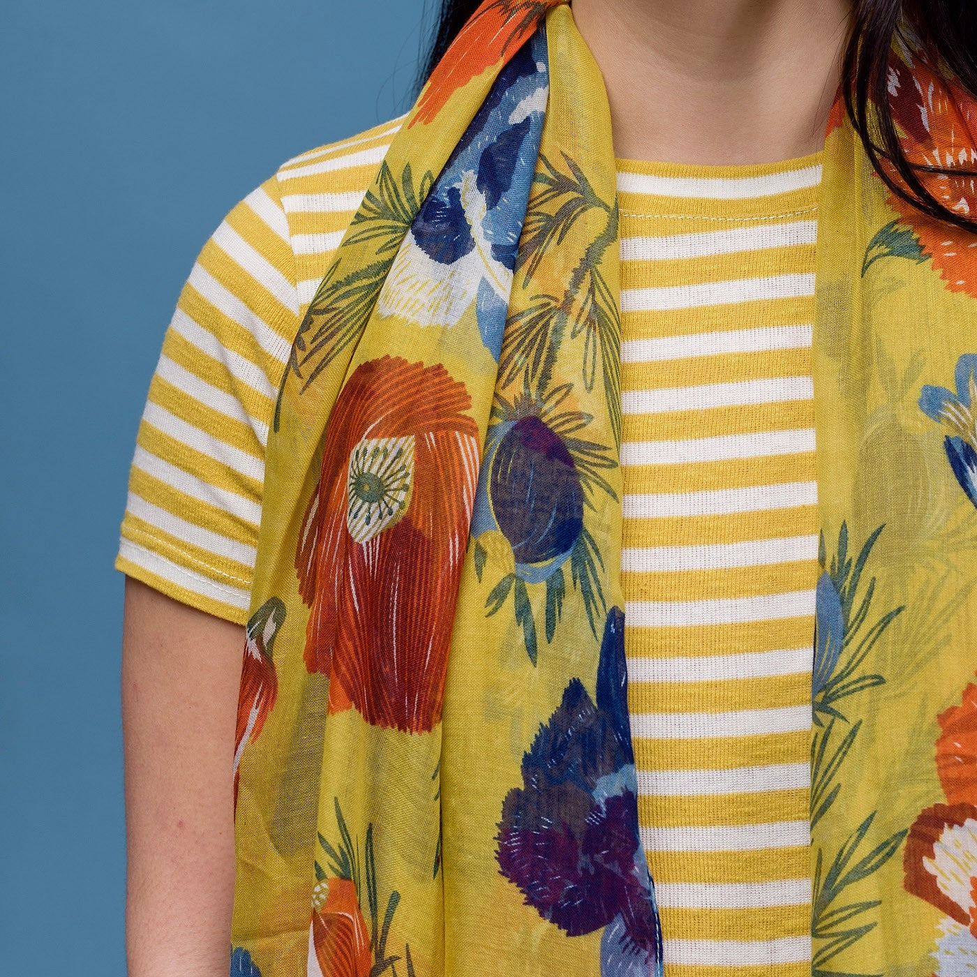 Bold and pretty this anemone floral print scarf is inspired by a summer meadow. Yellow with vibrant red and blue flowers. 