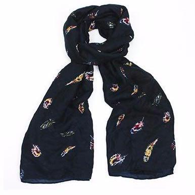 Gorgeous dark blue scarf featuring a colourful floating feather design that is perfect for the colder seasons.